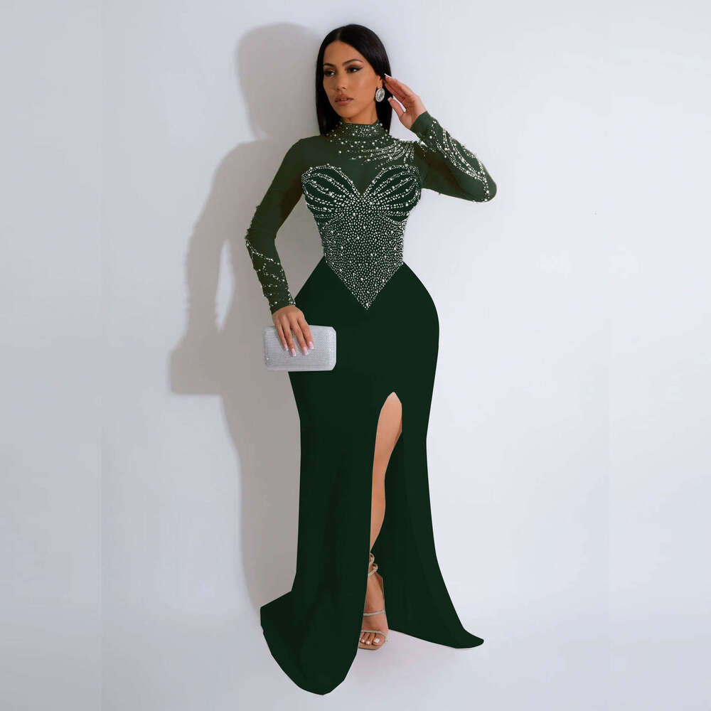 K2986 Women's Hot Diamond Pearl Perspective Waist Pack Hip Elastic Split Dress
