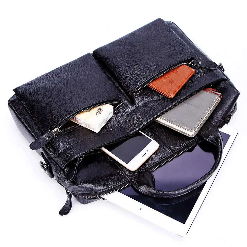 Black Men Genuine Handbags Large Leather 14" Laptop Messenger Business Men's Travel Shoulder Bags Briefcase