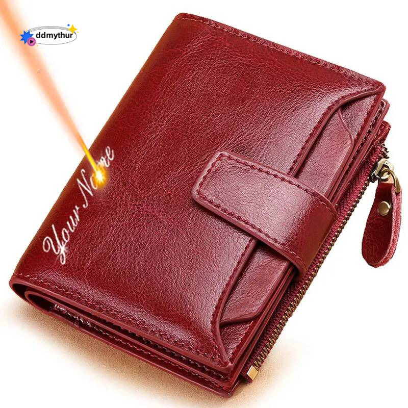 2024 New Short Wallets Genuine Leather Zipper Coin Pocket Women Purse Name Engraved Quality Card Holder Kpop Female Wallet ddmythur