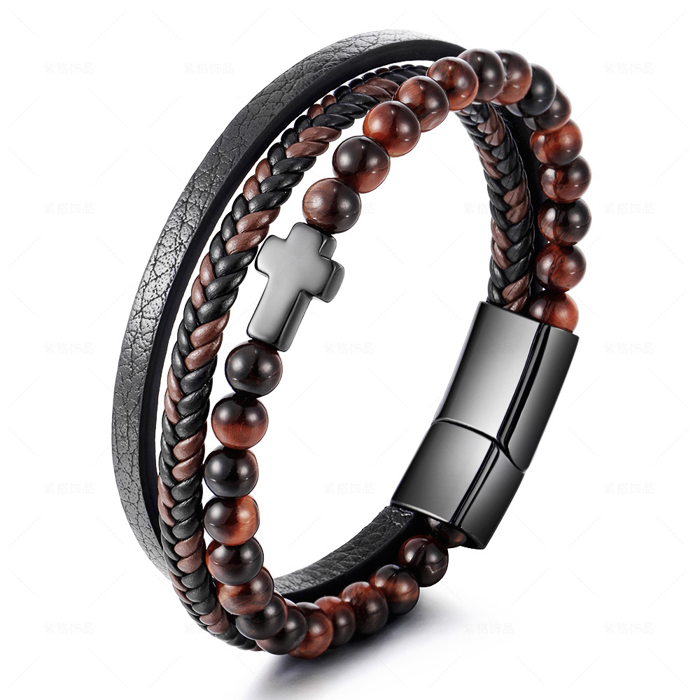 Hot-Selling Stainless Steel Natural Tiger Eye Stone Cross Bracelet for Men, Multi-Layer Braided Leather Wristband, Titanium Steel Jewelry