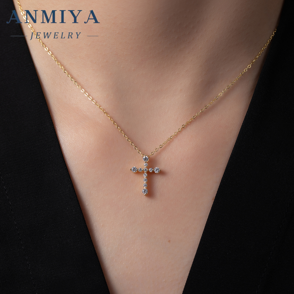 ANMIYA 18K Gold Plated Cubic Zirconia Cross Necklace for Women Cross Pendant Necklace