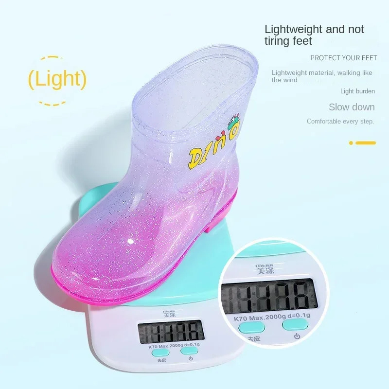 Sequin Transparent Childrens Rain Boots Cartoon Pattern Kids Anti Slip Waterproof Soft Sole Thick Bottom Shoes Rainy Weather 250515