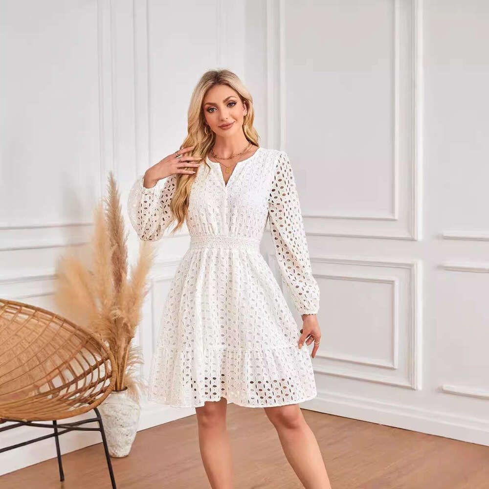White Dress Maxi Dress 2024 Women's V-Neck Hollowed Out Eyelets Embroidered Pleated Long Sleeved Dress KQ
