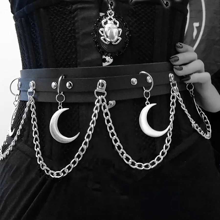 1pc Moon Pendant Chain Fringe Goth Belt Punk Black PU Leather Belts Vintage Waistband For Women daily use Y250515