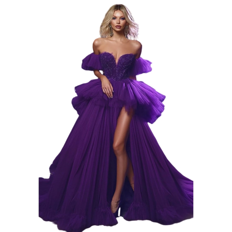 Vintage Long Purple Tulle Prom Dresses Side Slit Ruffles Off Shoulder Sexy Evening Gown Sequins Lace Appliques Sweetheart Vestido De Novia 2025