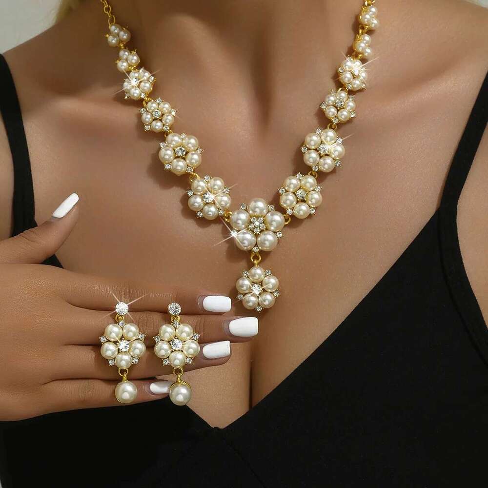 3 Luxurious Pearl Flower Necklaces, Earrings, Wedding Dress Accessories, Jewelry Sets For Women