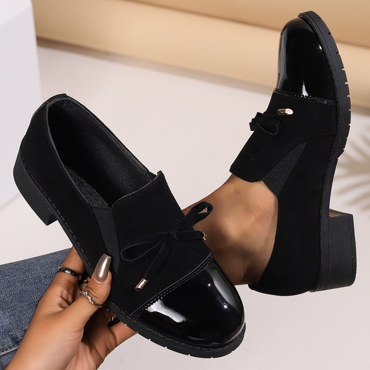 Women Plus Size Four Season Singles Korean Version Women S Leather Shoes New Style Thick Heel Round Casual Shoes Toe Bow Tie Ddmysaturn