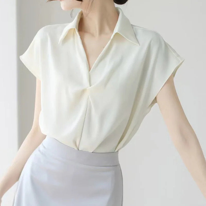 Summer Elagant Front Cross Womens Blouse Short Sleeve Vneck Korean Casual Loose Workwear Office Lady Shirts Female 250515