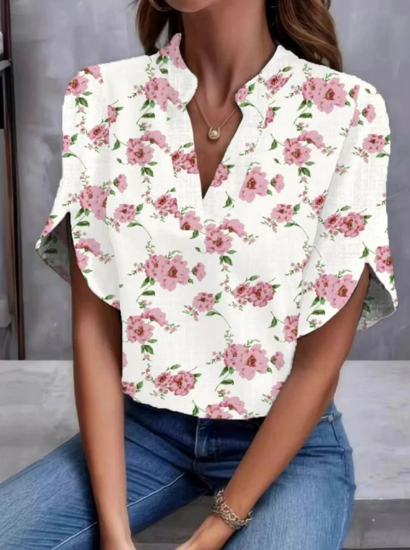 Plus Size Women Short Sleeve Blouse Summer Loose Casual Shirt V Neck Trendy Tops 250515