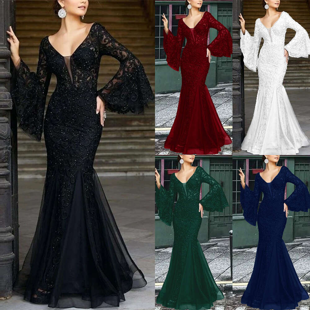 2025 New Women's Lace Embroidered Fish Tail Black Slimming Evening Dress