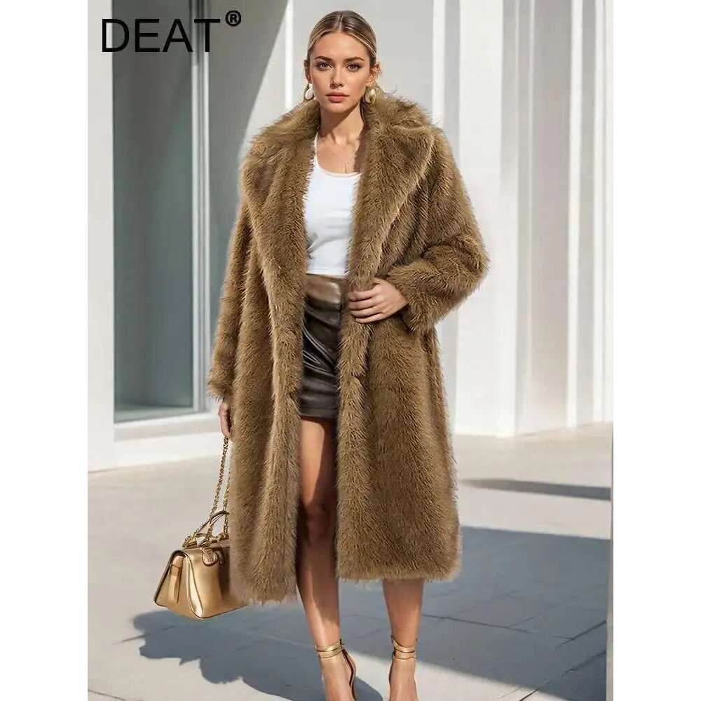 DEAT Fashion Women's Faux Fur Coat Lapel Long Sleeve Solid Color Loose Thick Warm Camel Jackets Winter 2024 New 7Ab5403