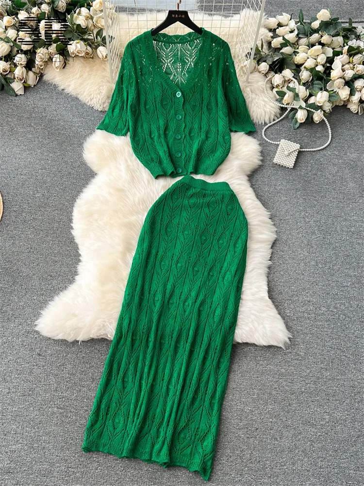 SINGREINY Casual Vacation Two Piece Set Women Hook Hollow Out V Neck Top Elastic Waist Long Skirt Ladies Summer Korean Suit 250515