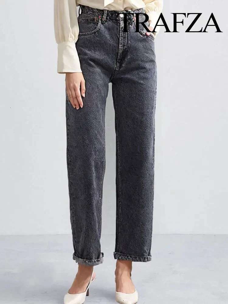TRAFZA Summer Clothing Street Denim Blue Wide Leg Pants Chic High Waisted Hole Decoration Women's Loose Pocket Jeans Y2k