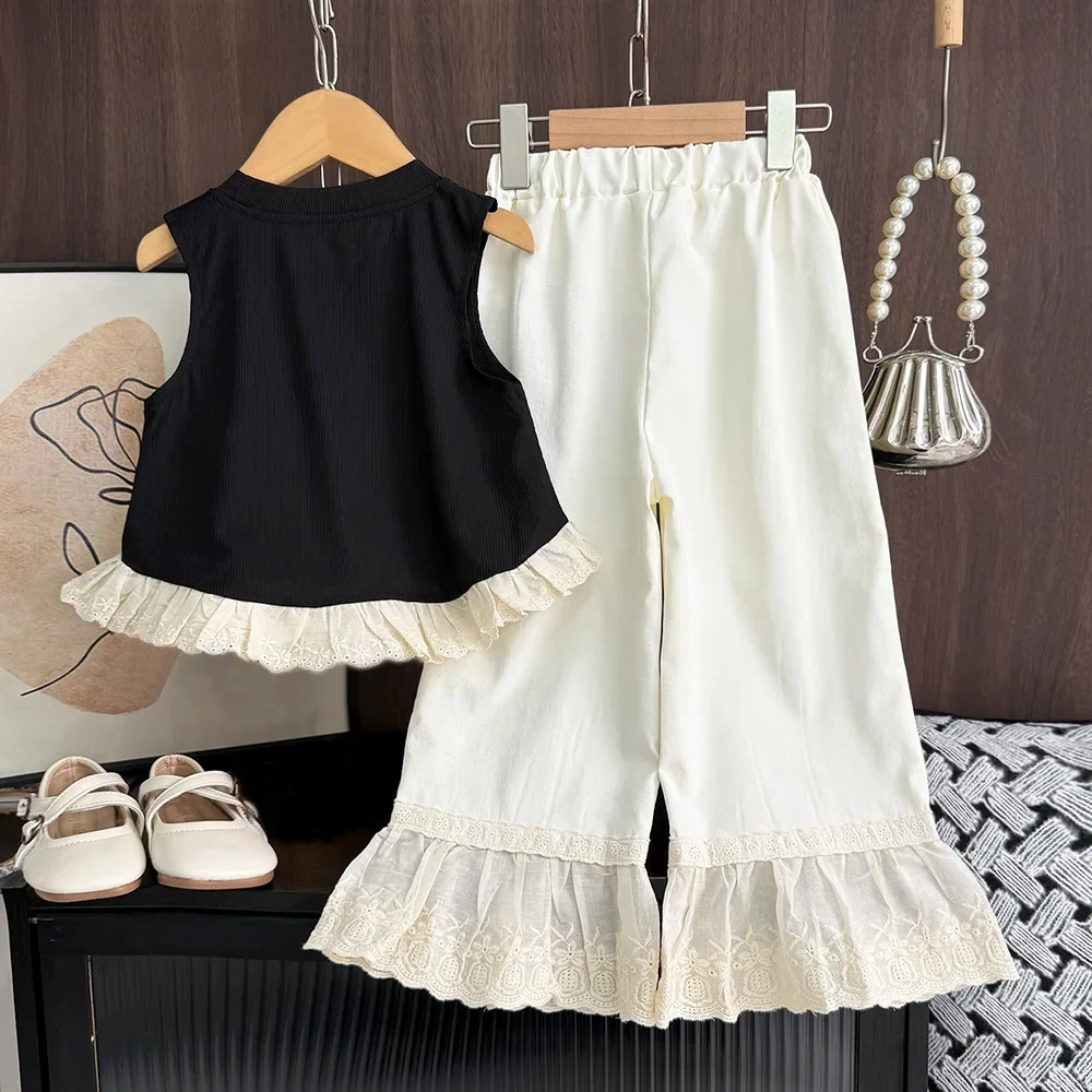Bear Leader Korean Casual Childrens Set Bow Decoration Black Sleeveless VestPants Two-piece Set Lace Stitching Girls Clothes 250515