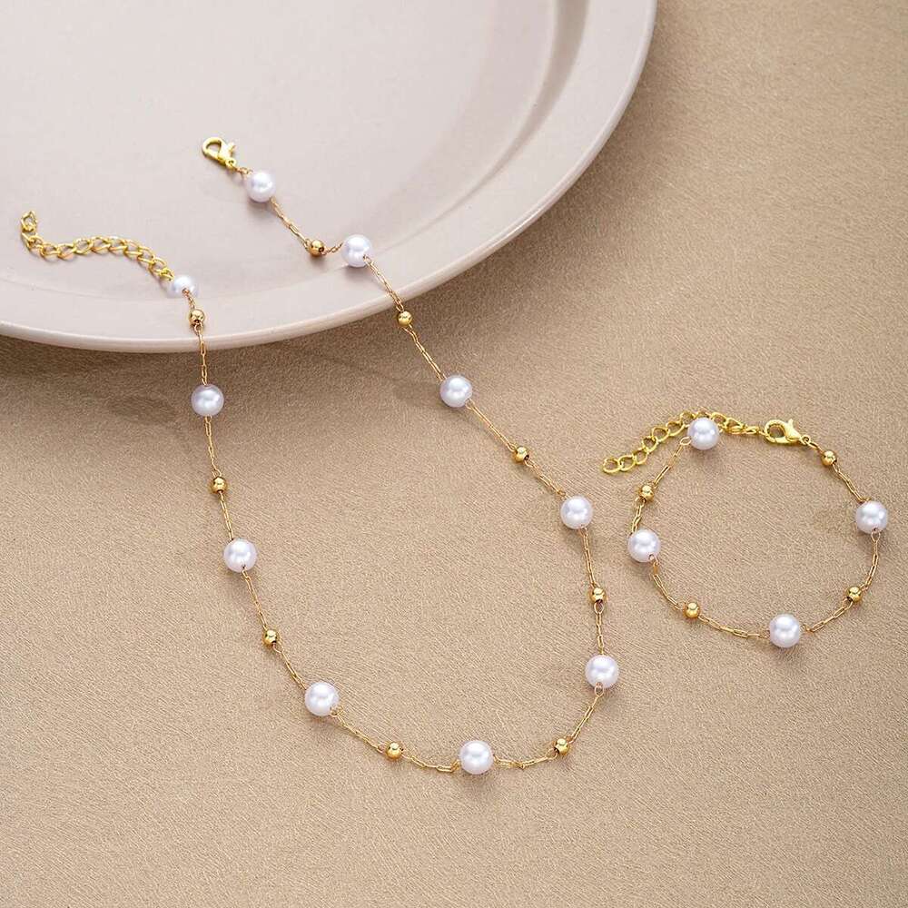 2 Pcs Exquisite Gold Color Bohemian For Women Fashion Pearl Cross Pendant Necklace Bracelet Set Casual Jewelry Gifts