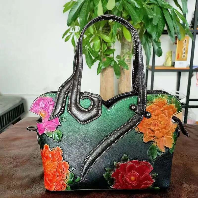 Vintage Genuine Handbag Woman Floral Tote Bags For Women 2024 New Handmade Cow Leather Shoulder Or Crossbody Bag