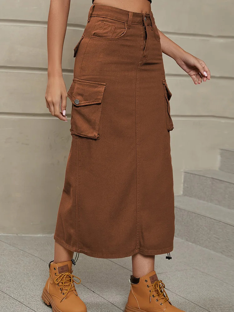 Benuynffy Women Drawstring Cargo Jean Skirt Fashion Vintage High Waist Straight Long Denim Skirts with Pockets Casual Streetwear 250515