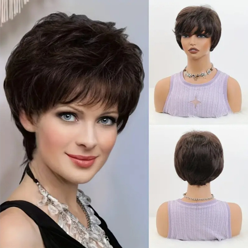 Thermal Fibre 4-Inch Stylish Pixie Bob Wig Natural Looking Short Browns with Layers