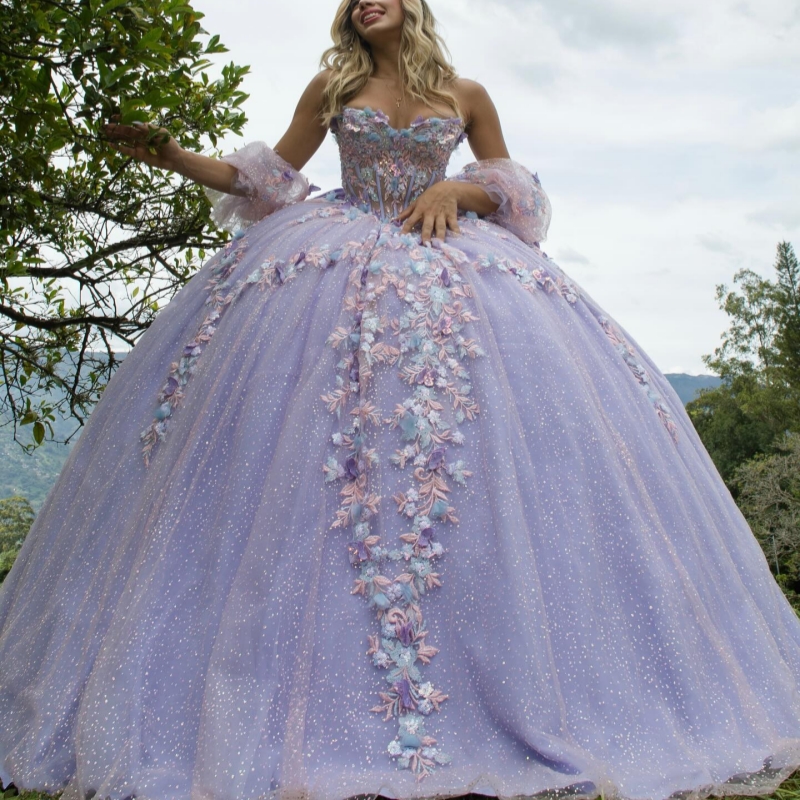 Lilac Shiny Quinceanera Dresses Off Shoulder Ball Gown Sweet 16 Dress Beads Applique Flower Bow Tull Birthday Party Vestidos 15 De Anos