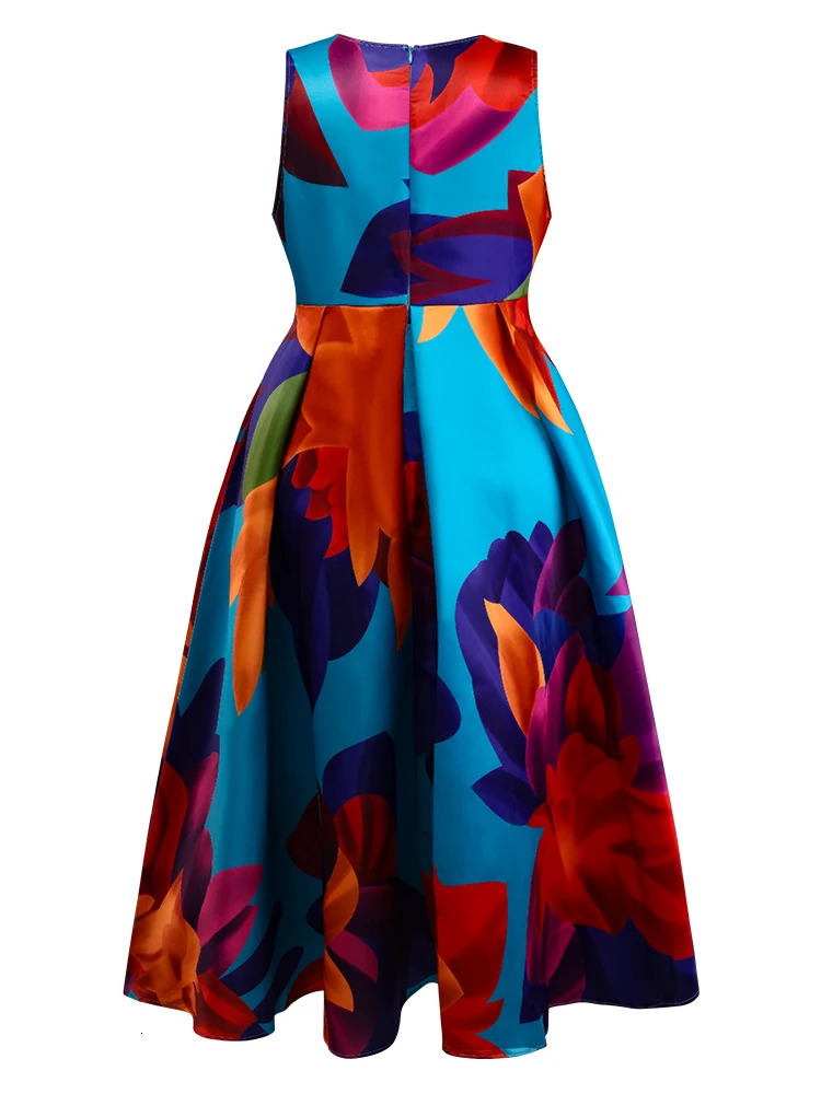 Womens Plus Size Dress Sleeveless Pleated A-Line Party Evening Maxi Dresses Floral Printed Casual Vintage Round Neck Dress 250509