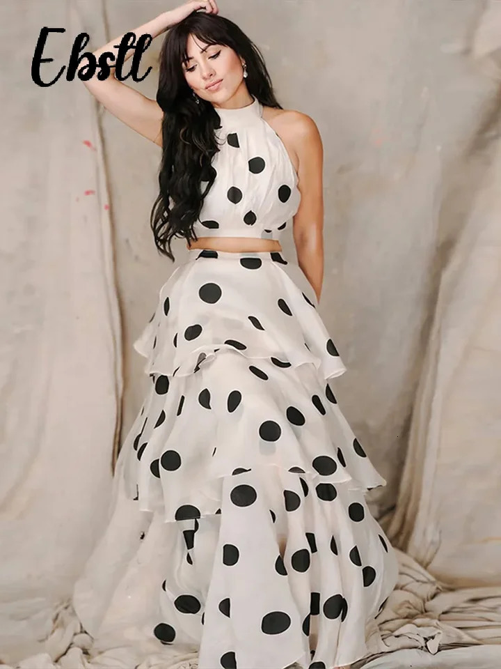 Chic Polka Dots Crop Top Skirts Set Women Elegant Halter Sleeveless Vest Ruffles Aline Long Skirt Summer Lady Outfit 250515