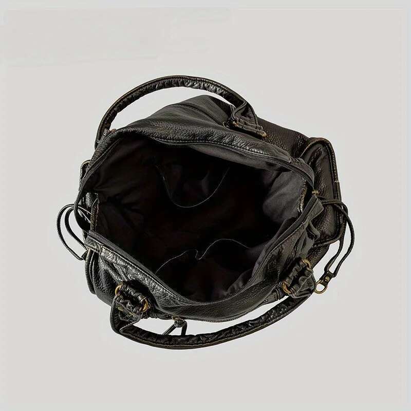Women's Fashion Vintage Washed Soft Leather Tote Large Capacity Commuter Multi-Pocket Shoulder Messenger Bag