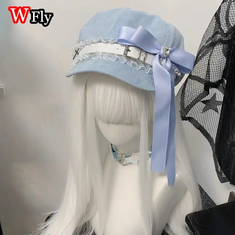 Harajuku Womens Girls Rose Pearl Tassel Chain Berets Hat Sweet Lolita Girls Cozy Berets Beanie Diamond Heart Bow Japanese Hats 250514