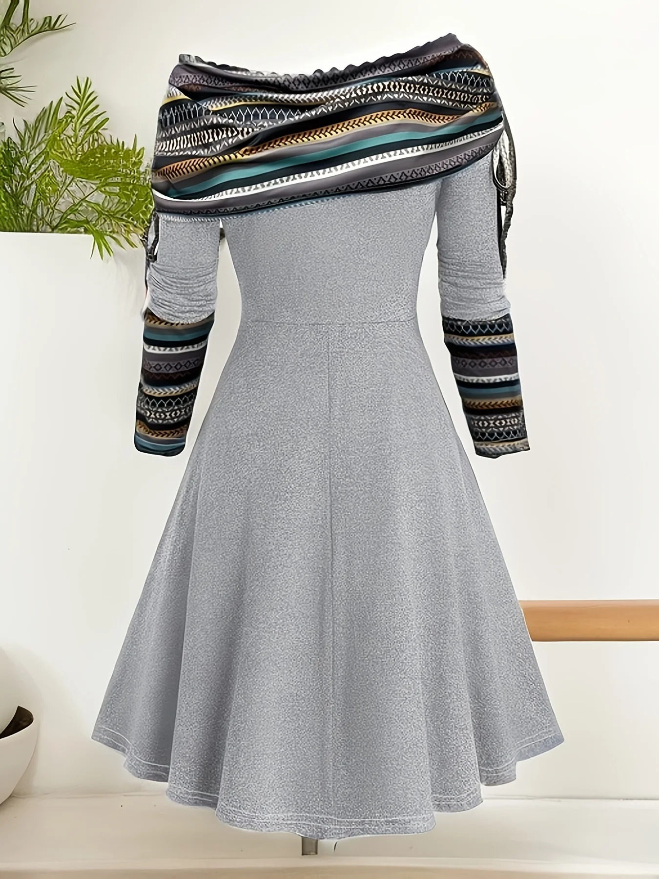 Plus sized womens dress long-sleeved knee-length elegant off-the-shoulder variable-neck striped flared long-sleeved A-line 250509