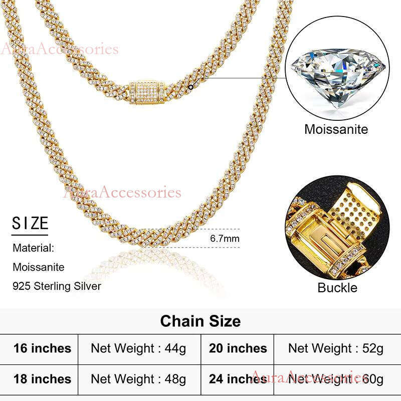 Women Jewelry Iced Out 6mm Gold Plated Sterling Sier VVS Moissanite Miami Cuban Link Chain Necklace