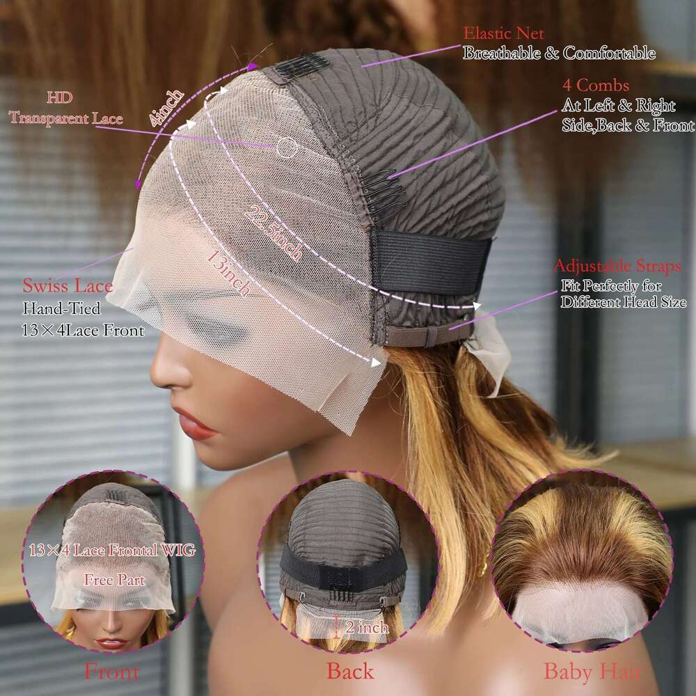 Front Bob Human Hair Ombre Honey Blonde 13X4 Wigs 10-16Inch 4/27 Colored Transparent Frontal Lace Wig