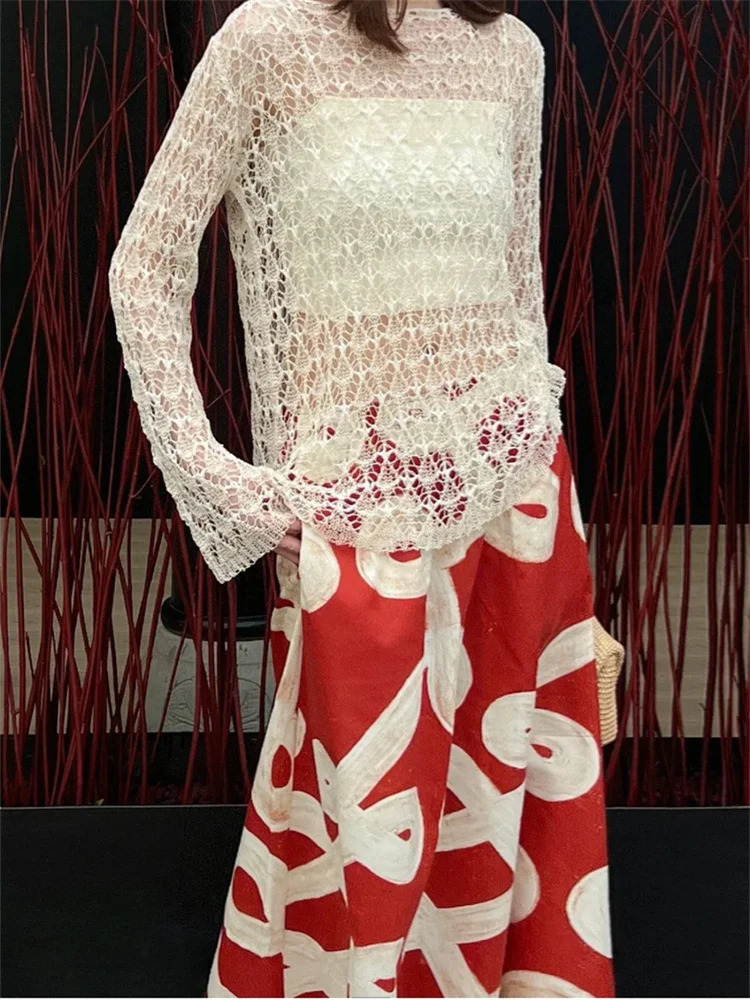 Vintage Summer in High Waist Red Midi Skirt Elastic ALine Flared with HandPainted Print Vacation Style 250515