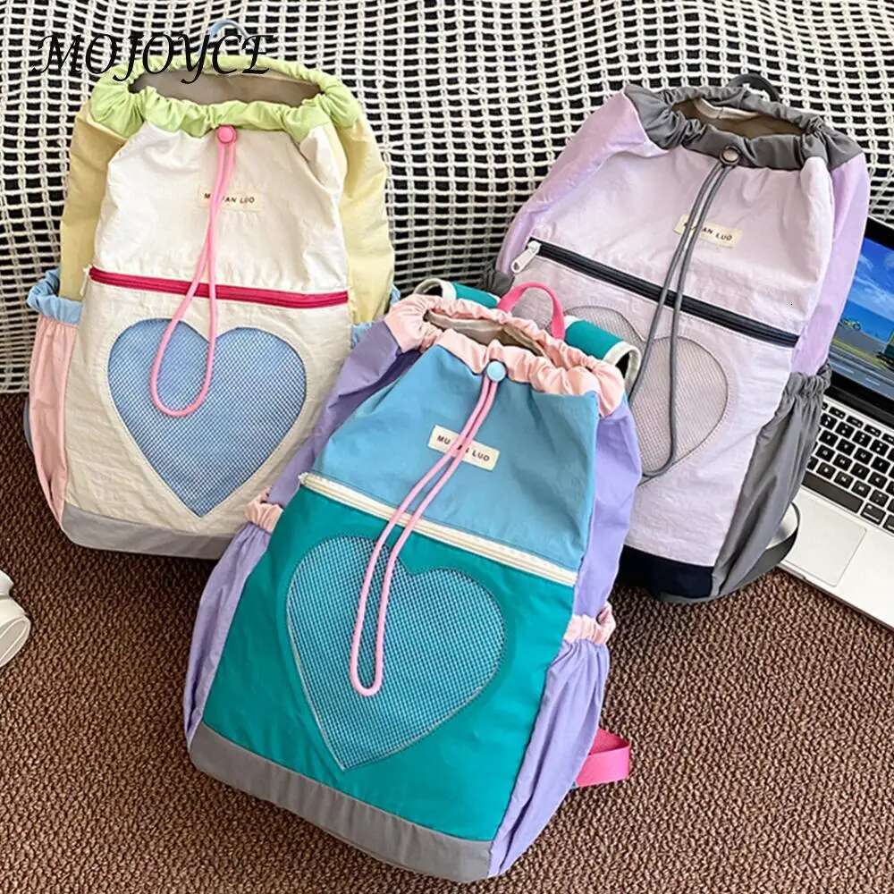 Bookbag Women Girls Color-Block Daypack Nylon Drawstring Laptop Backpack Adjustable Strap Rucksack for Travel School
