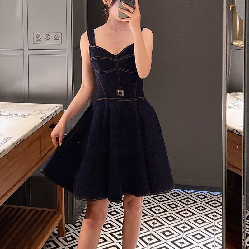New Arrival Women's Washed Denim Mini Dresses Trendy Square Neck Sleeveless Waist Up Vest Dresses Designer Fashion Classic Luxury Zipper Back Clo