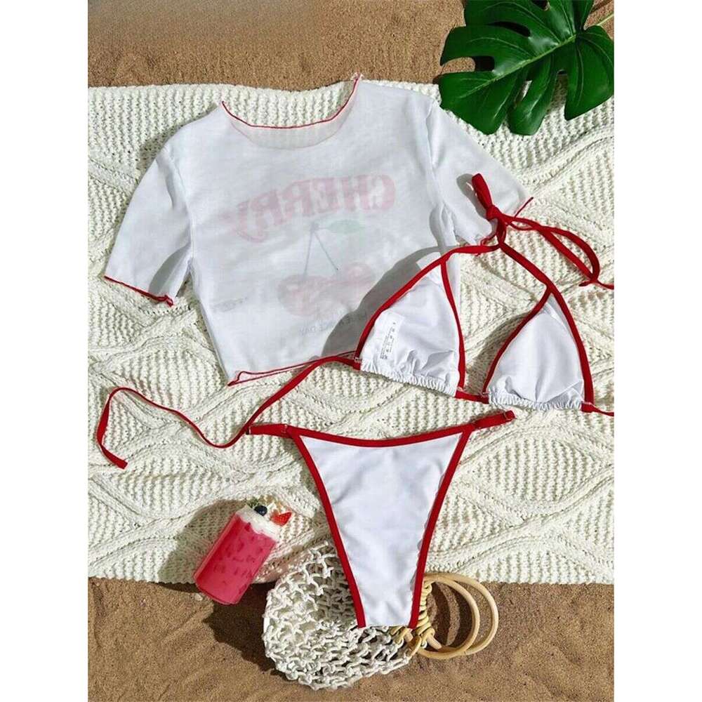 XS - L Cherry Printed Short Sleeve Female Swimsuit Women Swimwear Three-Pieces Bikini Set Bather Bathing Suit Swim V6854