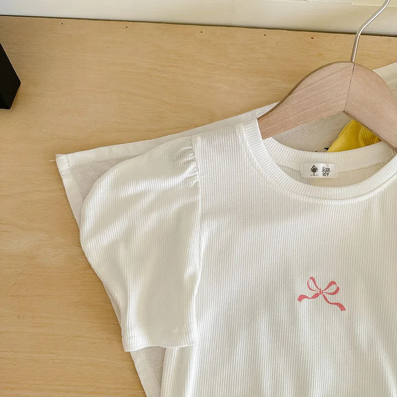 Korean Summer Bowknot Short Sleeve T-shirts For Girls 1-6 Years Cotton Toddler Girl Tops Baby Girl Tees Clothes 250515