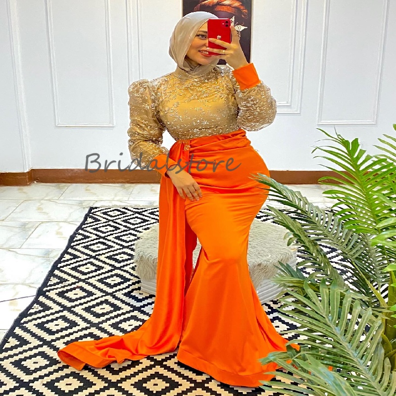 Modest Muslim Arabic Prom Dress With Train Contrast Colored Orange Gold Evening Dress Mermaid Long Sleeve Formal Gown 2025 Vestios De Novias Abaya