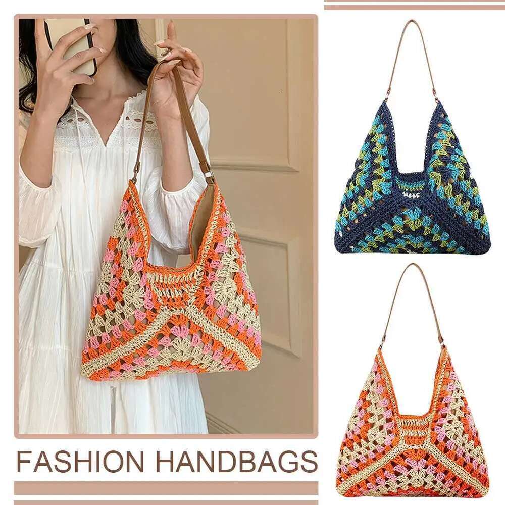Women Summer Beach Large Capacity Crochet Hobo Bags Knitted Shoulder Bag Patchwork Hasp Closure For Outdoor Travel