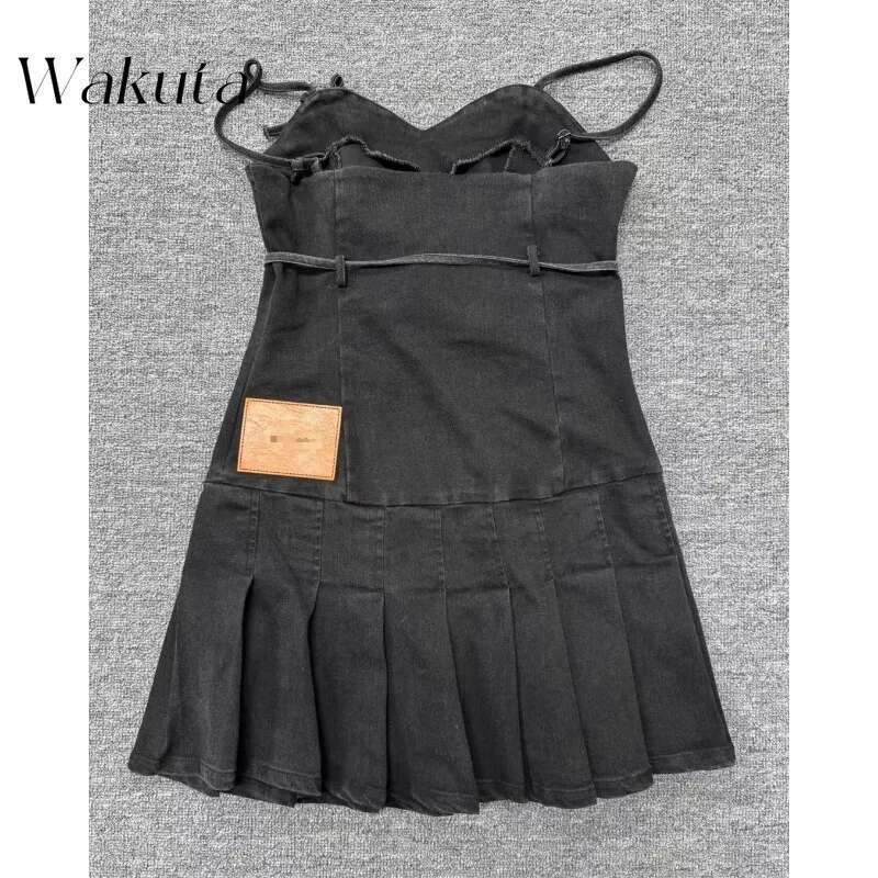 Japanese Summer Elegant U-neck Long Sleeve Slim Fit Blouse Chic Denim Camisole Dress Retro 2-piece Set