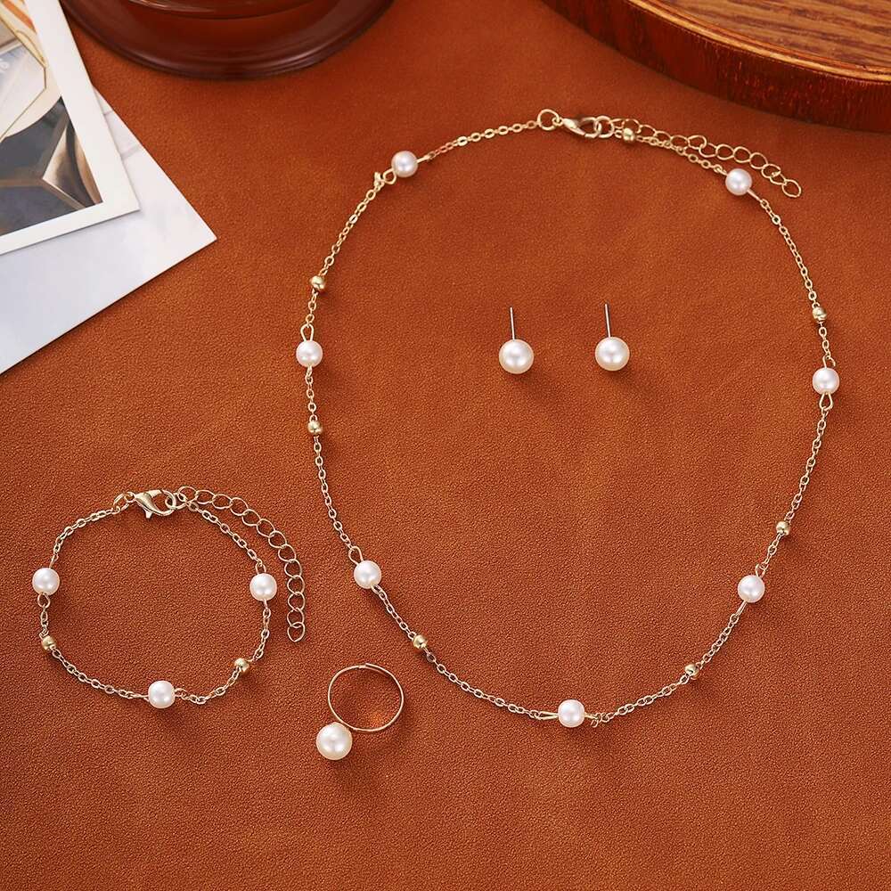 5Pcs/Set Women's Personalized, Simple, Gorgeous Faux Pearl Bracelets And Necklaces, Elegant Beaded Earrings Chic Jewelry Set For