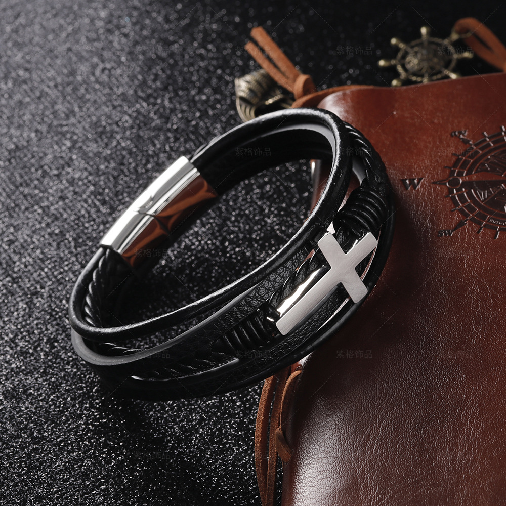 Sophisticated Designer Style Magnetic Cross Necklace for Him | High-Quality Genuine Leather Strap