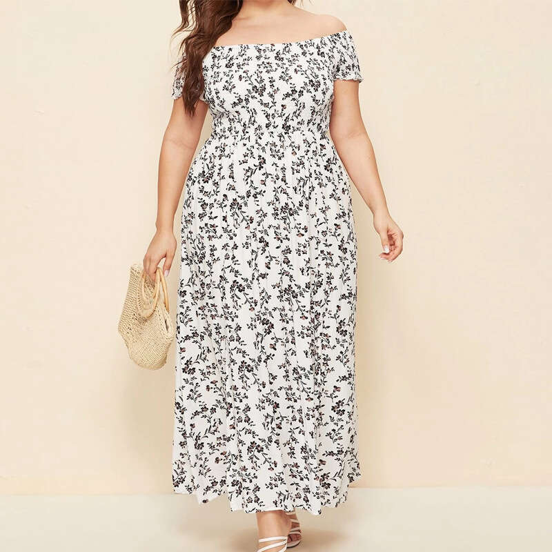 Plus Size Womens Dress June Tender Floral Dress Plus Size Womens Clothing Womens Large Casual Bohemian Print Off Shoulder One Line Neck Split Long Sma