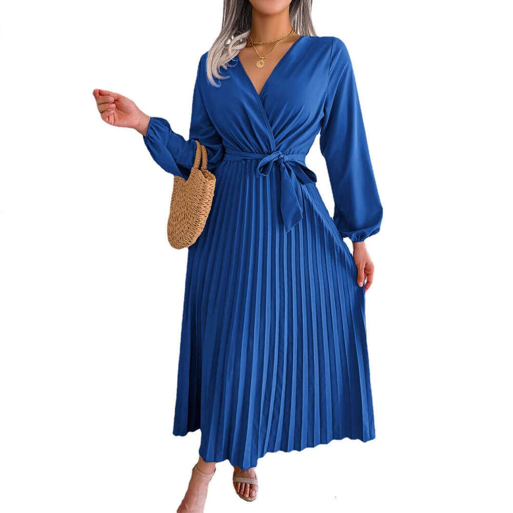 Explosive Real Shot European American Spring and Summer Style Cross V-neck Big Swing Hundred Fold Long Dress Women's 2025 New Casual Fashion Tren