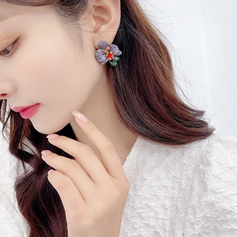 FXLRY Fashion Cubic Zirconia Yellow/ Purple Flower Stud Earring for Women Wedding Jewelry 250515