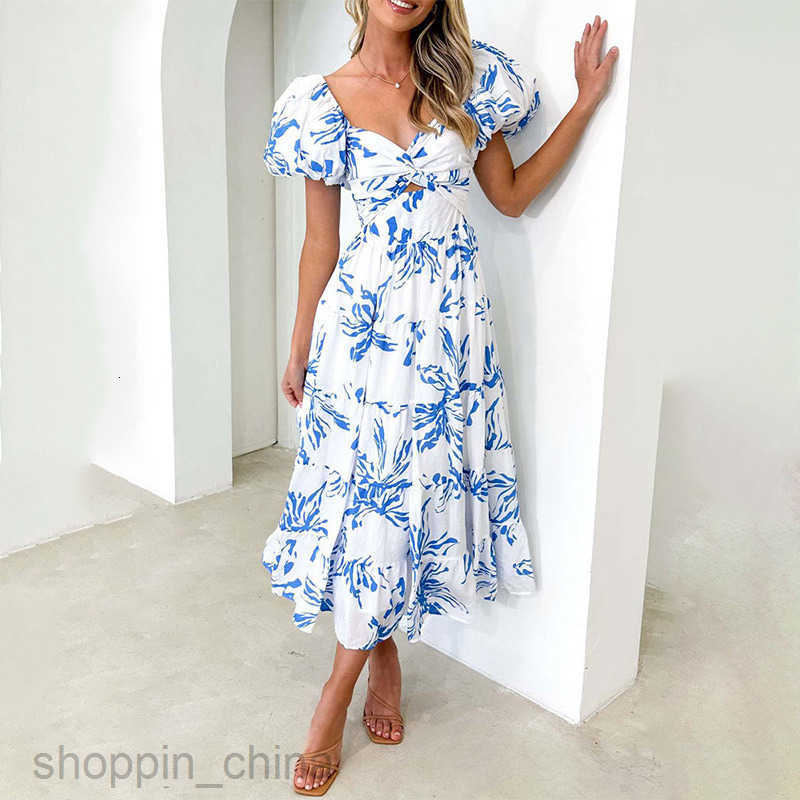 Women Dresses Spring/Summer New Slimming Printed Bubble Sleeve Large Swing Dress for Women