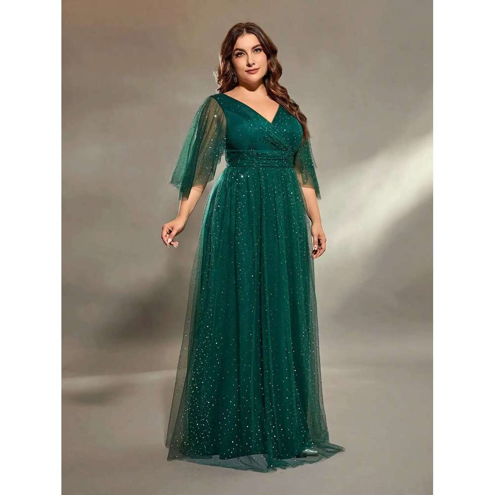Mgiacy plus size V-neck cross chest pleats irregular long sleeve fillet netting A full skirt Evening gown Ball Party dress