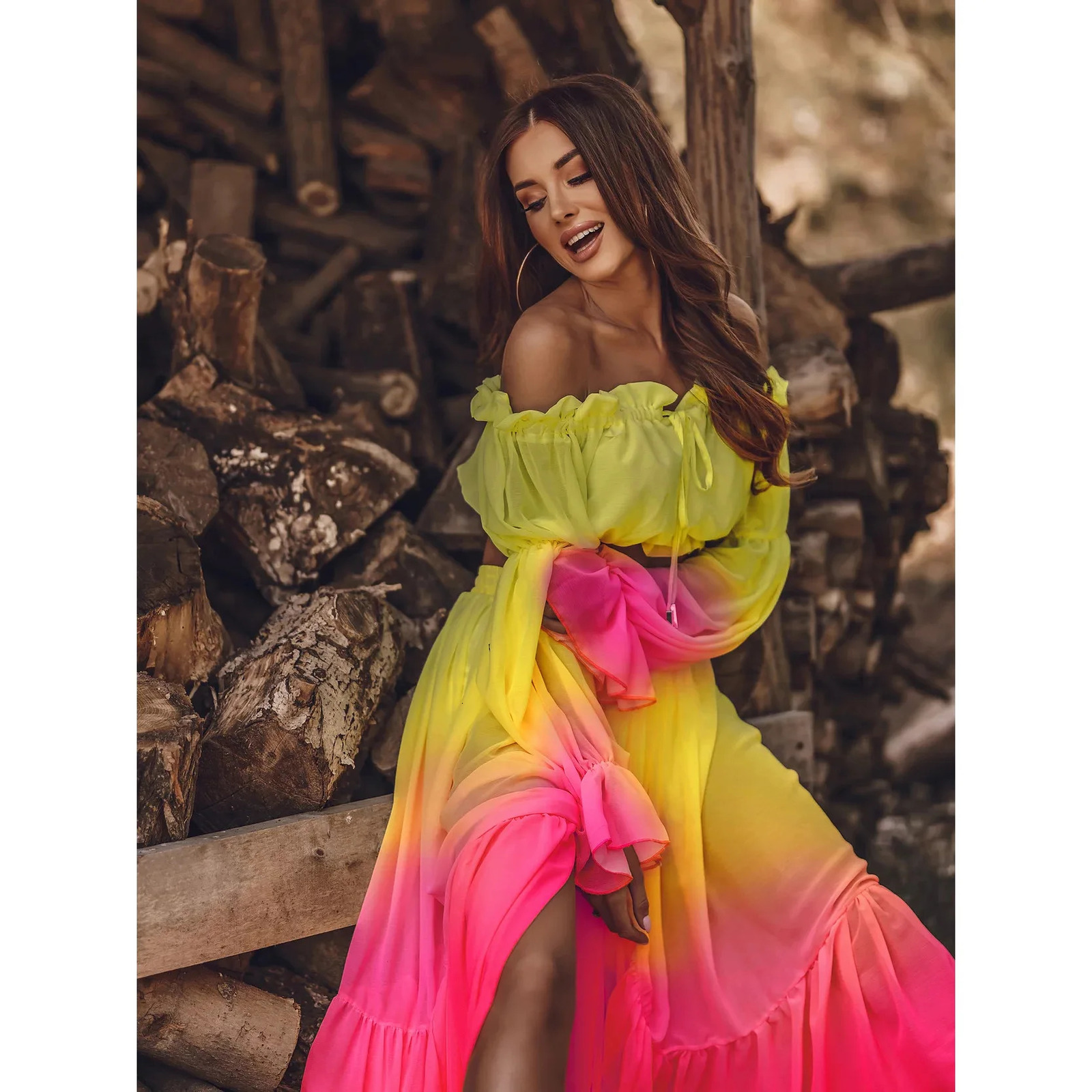 Autumn Chic Sexy Off Shoulder Ruffle Blouse Slit Long Skirt Women Suit Vintage Colorful Print Two Piece Set Lady Elegant Outfiit 250515