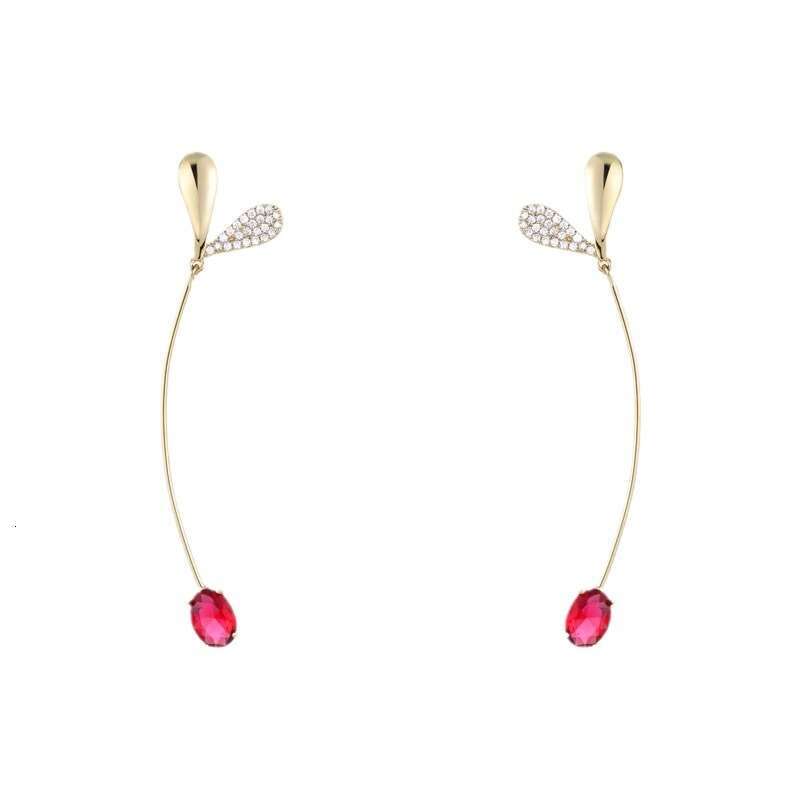 Spring's Little Grass Sprout Design by Master Pigeon Blood, Same Style Red Zircon Love Long Earrings, Versatile and Elegant