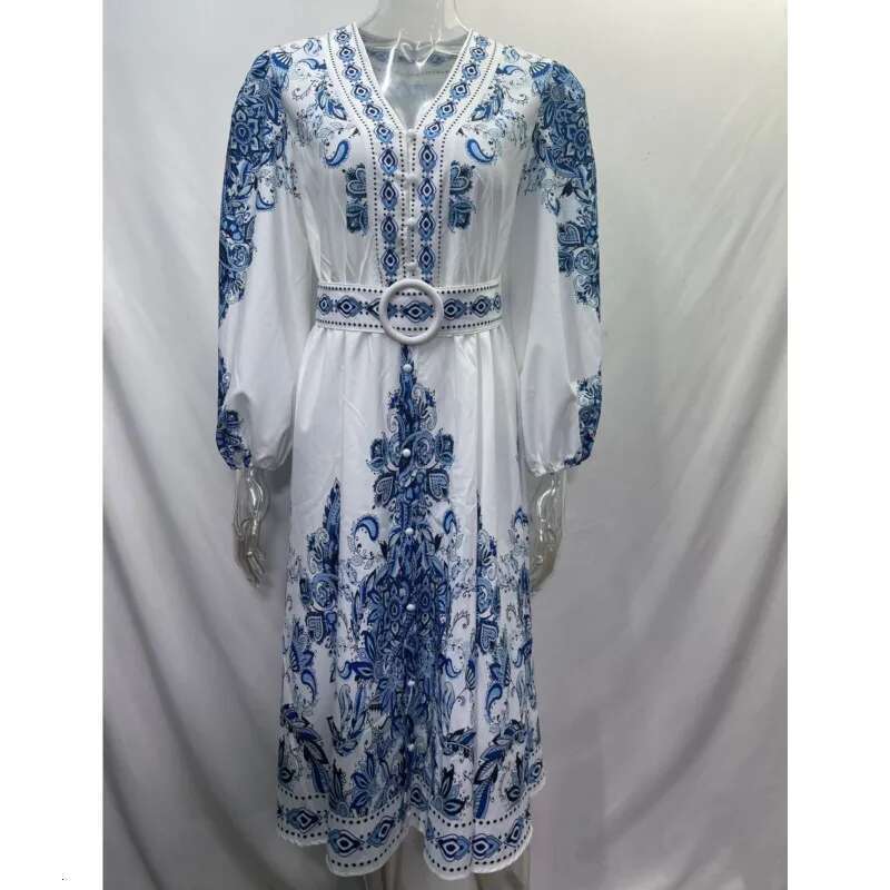 Autumn Women's Fashion V-Neck Long Sleeved Bohemian Printed Retro Lantern Sleeve Chinese Style Blue White Porcelain Dress