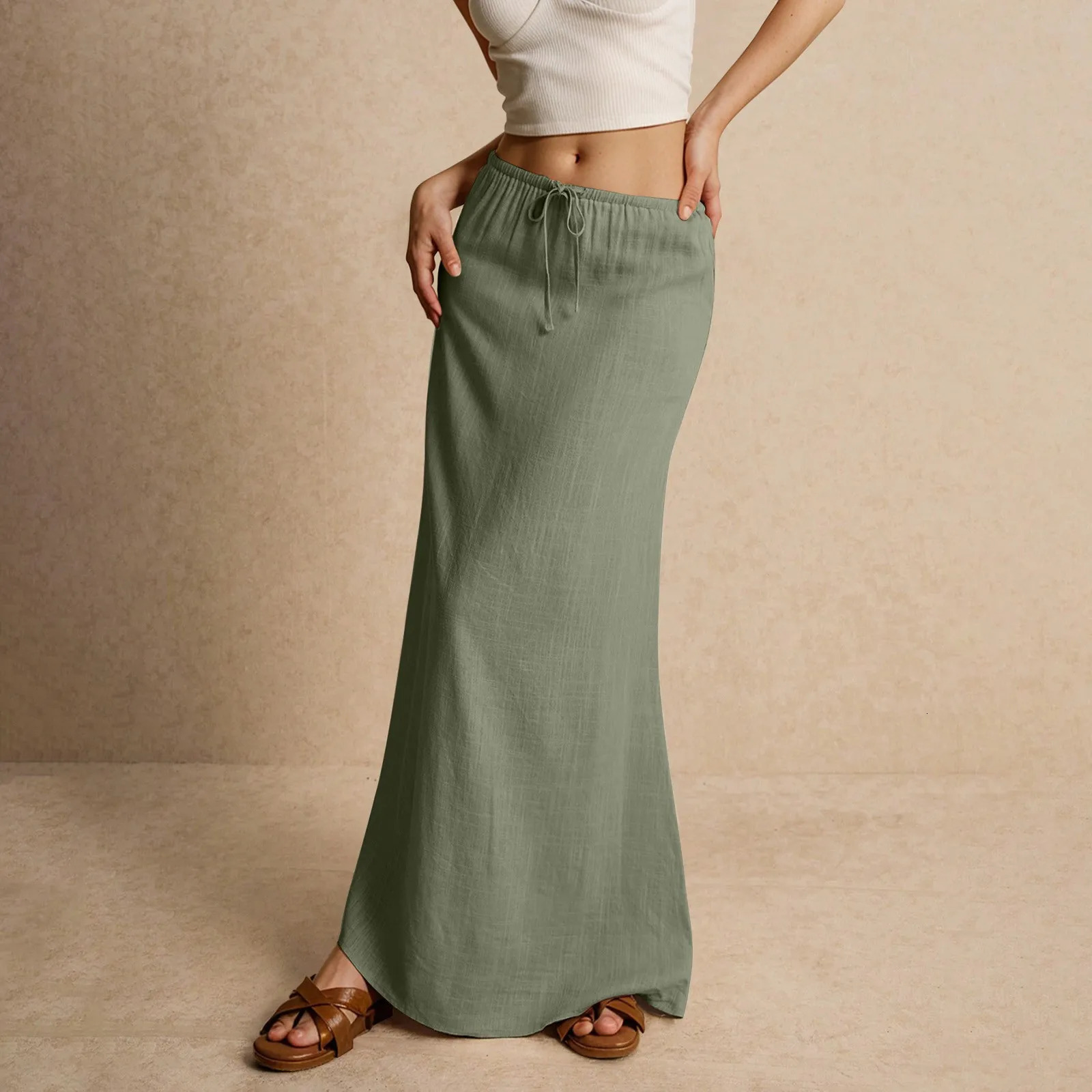 Summer Vacation Womens Summer Maxi Skirt Drawstring Low Waist A Line Casual Skirts Bodycon Long Skirt Beach Womens clothing 250514