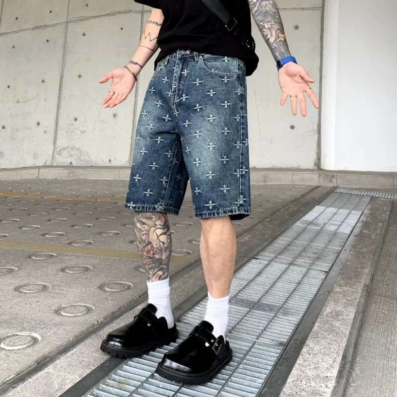 American Highquality Jacquard Denim Shorts Mens Summer High Street Loose Versatile Straightleg Casual Fivepoint Pants 250515